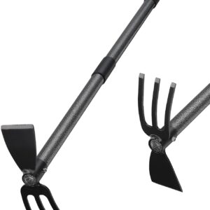 Hoe and Cultivator Gardening Hand Tools, Heavy Duty Stainless Steel Garden Hoe and 3 Fork Hand Tiller for Gardening Weeding Planting with Adjustable Handle 45 inch