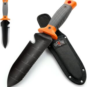 Hori Hori Garden Knife 7" with Sheath – Heavy Duty Stainless Steel Multi-Purpose Tool for Weeding, Digging & Planting, Serrated & Straight Full-Tang Blade, Non-Slip Rubber Handle, Gardening Spades