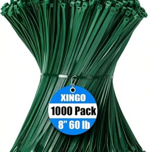 XINGO 1000 PCS Garden Green Zip Ties 8 Inch, 60 LBS Tensile Strength, Self-Locking Nylon Plastic Nylon PA66 Wire Ties for Indoor and Outdoor Use