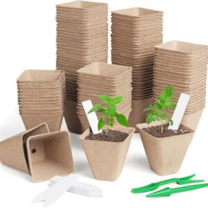 KOAMLY Square Peat Nursery Pots 150 Pcs 3in Biodegradable and Label, Used for Outdoor Gardens in Plant Nurseries