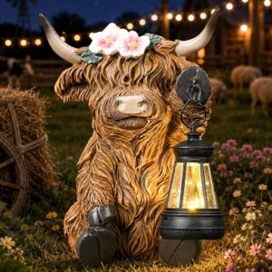 Solar Highland Cow Garden Outdoor Statue for Halloween, Cow Figurines Sculpture with LED Light, Farmhouse Patio Balcony Yard Decor, Mother's Day Housewarming Gift for Women Mom Grandma